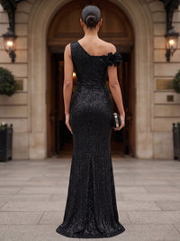 Sheath/Column Off Shoulder Sequin Maxi Evening Dresses with 3D Flowers & Ruffles