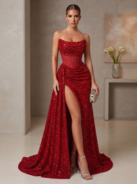 A-Line/Princess Strapless Sequin Maxi Evening Dresses with Corset Bodice & Slit