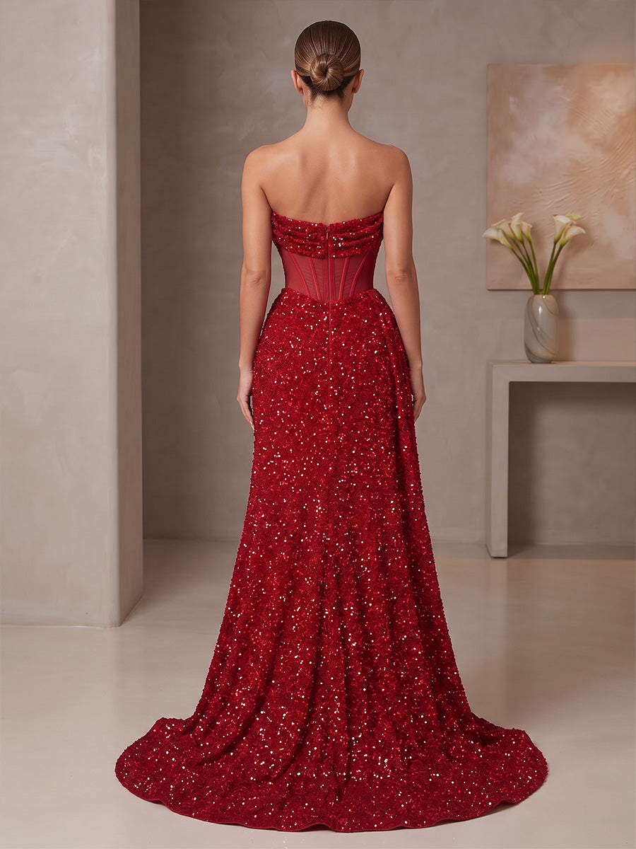 A-Line/Princess Strapless Sequin Maxi Evening Dresses with Corset Bodice & Slit