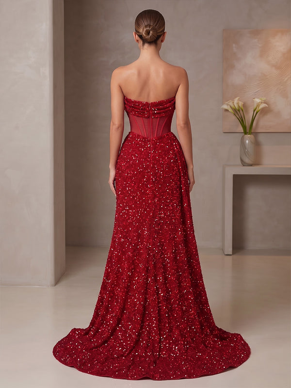 A-Line/Princess Strapless Sequin Maxi Evening Dresses with Corset Bodice & Slit