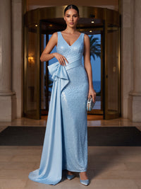 Sheath/Column V-Neck Sequin Maxi Evening Dresses with Bow