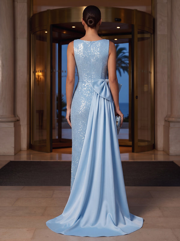Sheath/Column V-Neck Sequin Maxi Evening Dresses with Bow