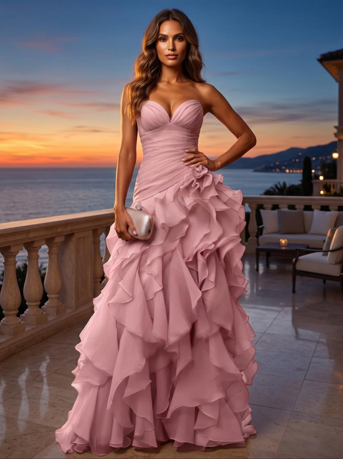 Sheath/Column Strapless Chiffon Maxi Evening Dresses with Ruffles & Ruched Waist