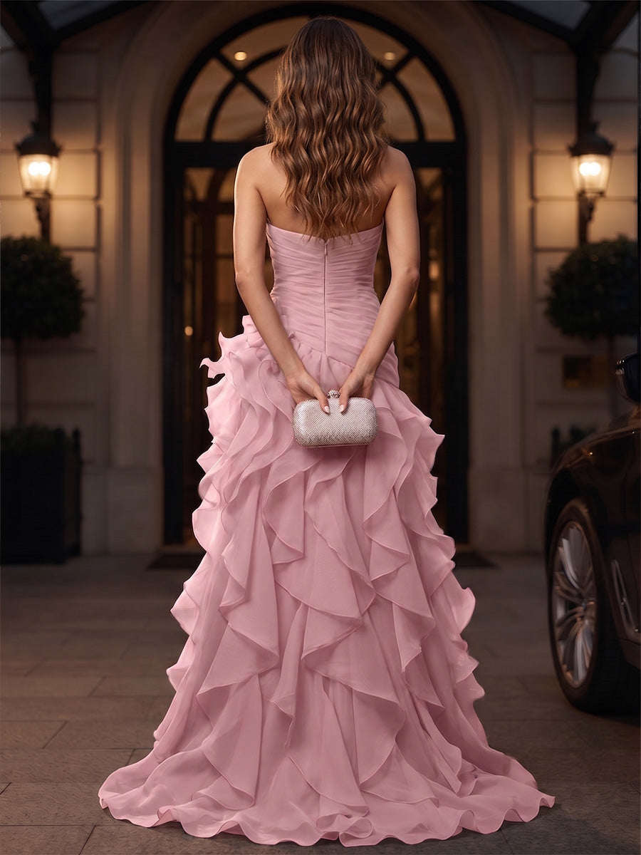 Sheath/Column Strapless Chiffon Maxi Evening Dresses with Ruffles & Ruched Waist