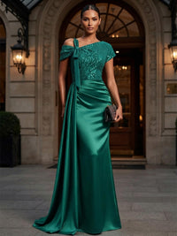 Sheath/Column Asymmetric Neck Satin Maxi Evening Dresses with Sequin Bodice