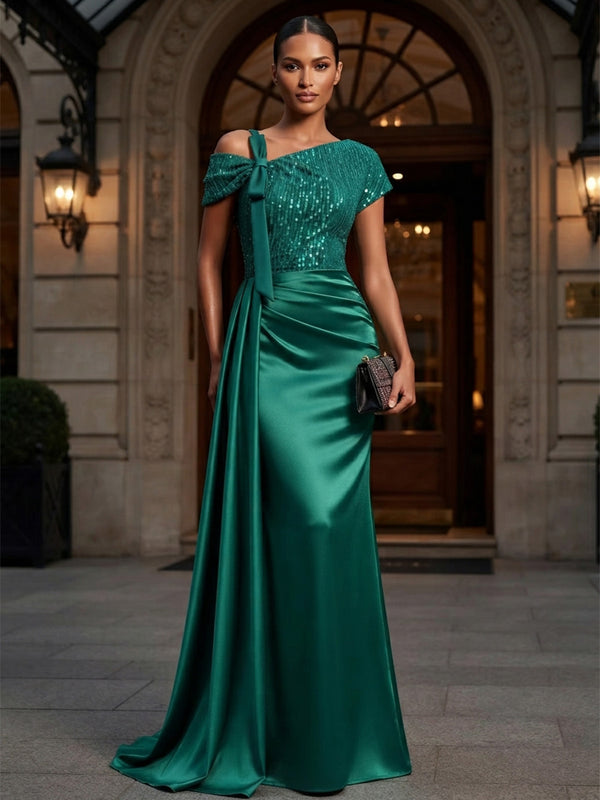 Sheath/Column Asymmetric Neck Satin Maxi Evening Dresses with Sequin Bodice