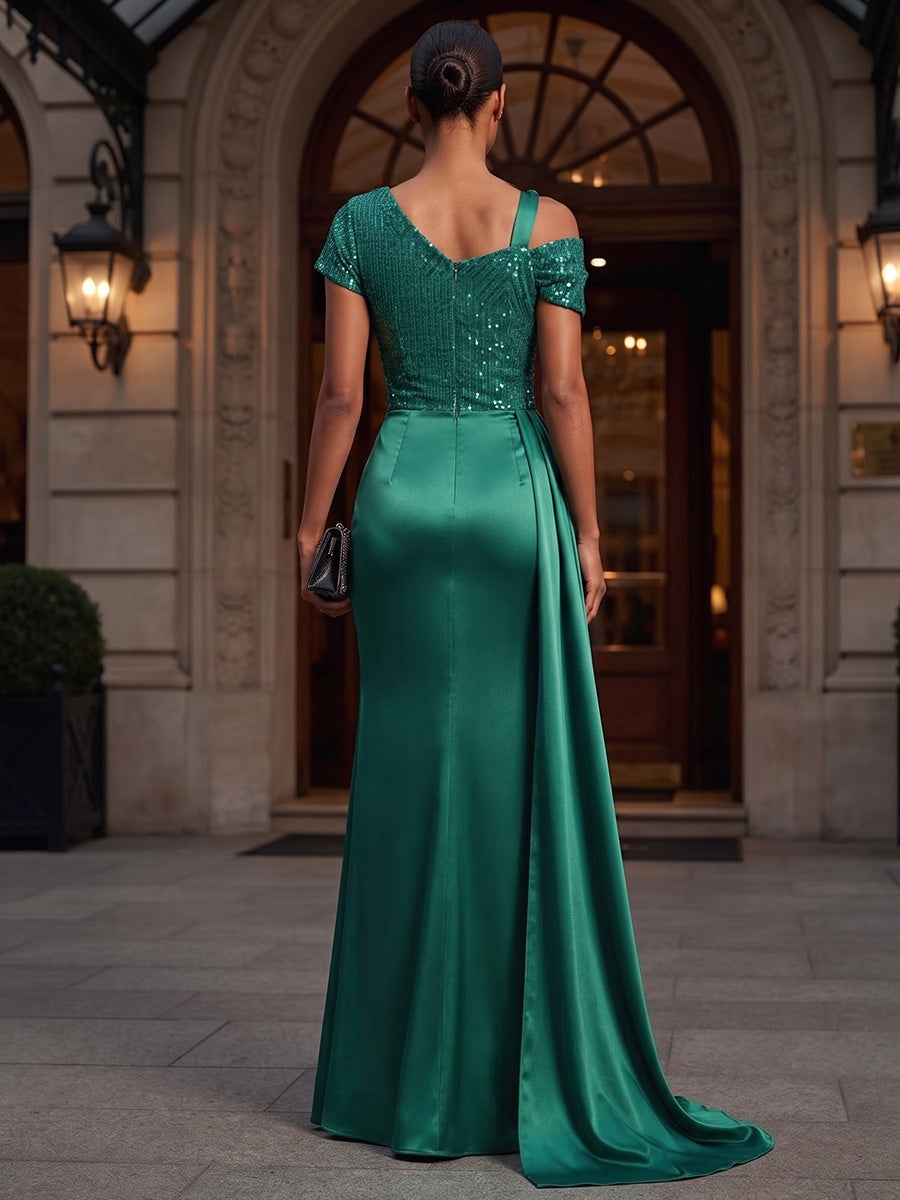 Sheath/Column Asymmetric Neck Satin Maxi Evening Dresses with Sequin Bodice