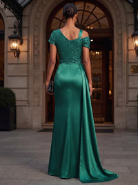 Sheath/Column Asymmetric Neck Satin Maxi Evening Dresses with Sequin Bodice