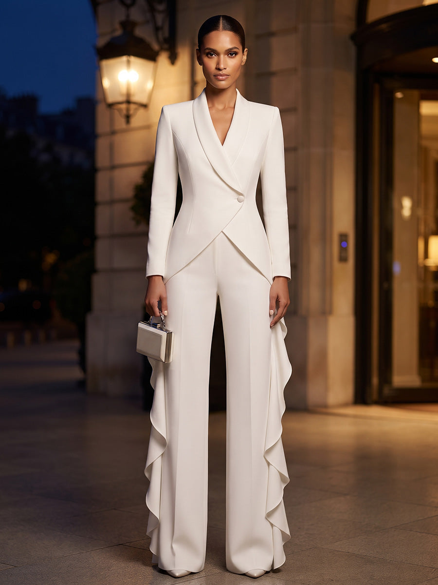 Pantsuit V-Neck Satin Maxi Evening Jumpsuits with Ruffles