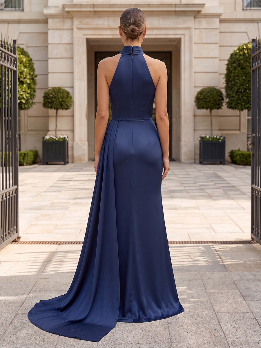 Sheath/Column Halter Satin Maxi Evening Dresses with 3D Flowers & Slit