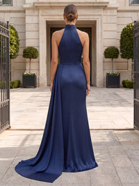 Sheath/Column Halter Satin Maxi Evening Dresses with 3D Flowers & Slit