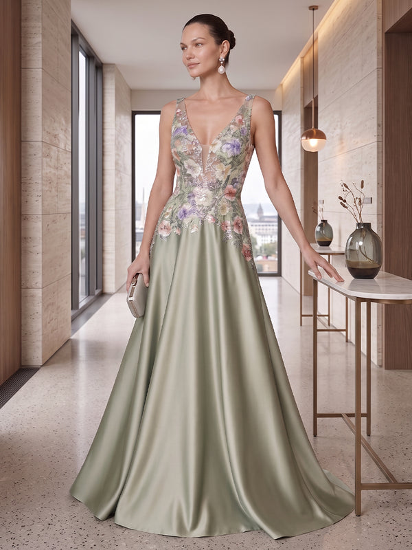 A-Line/Princess V-Neck Satin Maxi Evening Dresses with Sequin Floral Bodice & Sweep Train