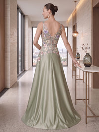 A-Line/Princess V-Neck Satin Maxi Evening Dresses with Sequin Floral Bodice & Sweep Train
