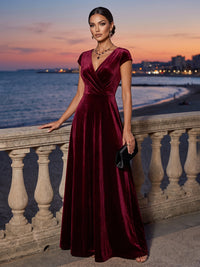 A-Line/Princess V-Neck Velvet Floor-Length Evening Dresses with Ruched Waist