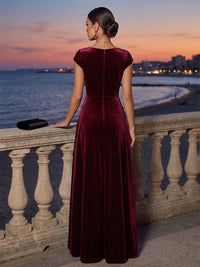 A-Line/Princess V-Neck Velvet Floor-Length Evening Dresses with Ruched Waist