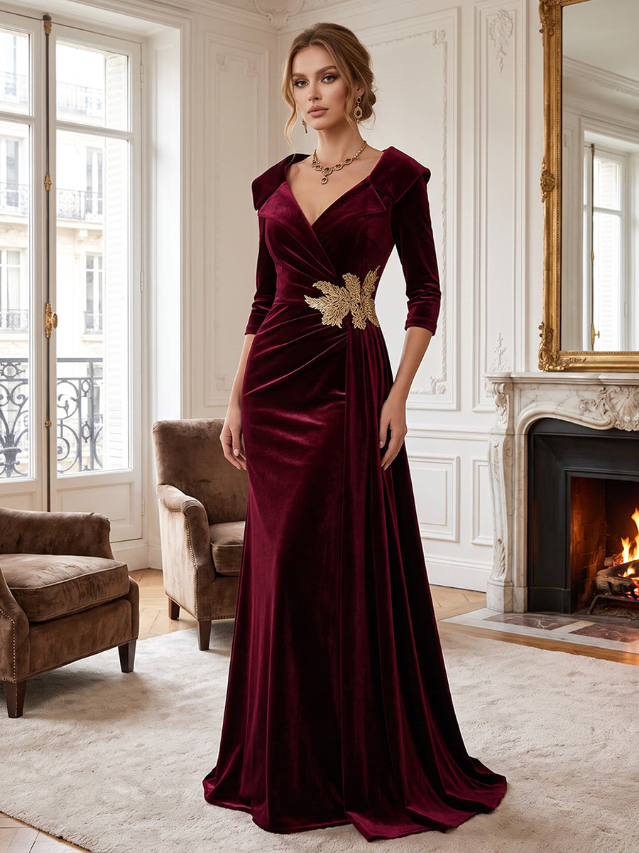 Sheath/Column V-Neck Velvet Floor-Length Evening Dresses with Ruched Waist