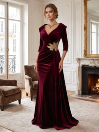 Sheath/Column V-Neck Velvet Floor-Length Evening Dresses with Ruched Waist