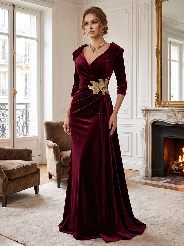 Sheath/Column V-Neck Velvet Floor-Length Evening Dresses with Ruched Waist