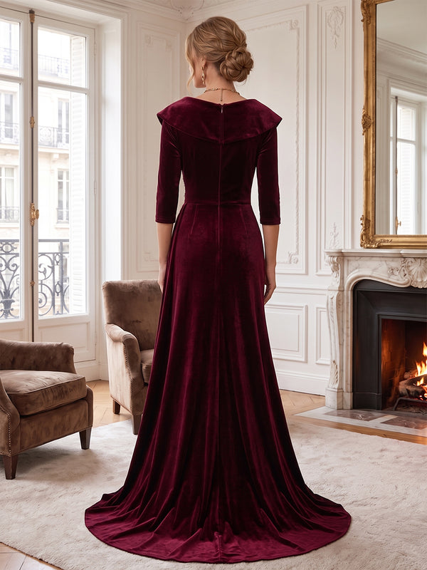 Sheath/Column V-Neck Velvet Floor-Length Evening Dresses with Ruched Waist