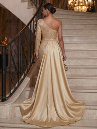 Mermaid/Trumpet One Shoulder Sequin Maxi Evening Dresses with Ruffles & Slit