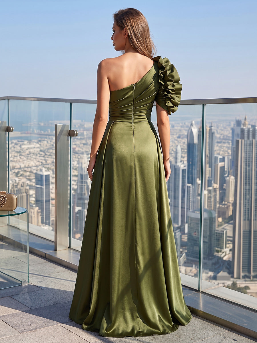 Sheath/Column One Shoulder Satin Maxi Evening Dresses with Ruffles, Ruched Bodice & Slit