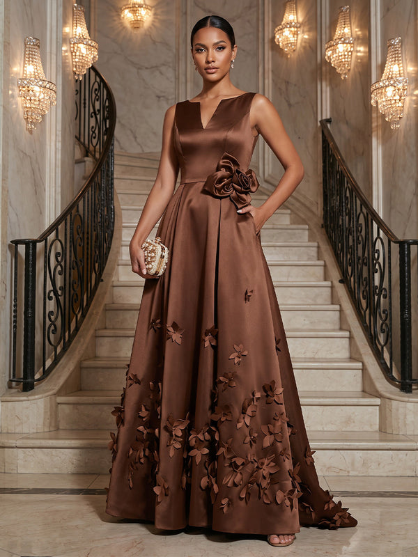A-Line/Princess V-Neck Satin Maxi Evening Dresses with 3D Flowers & Pleats