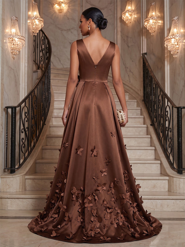 A-Line/Princess V-Neck Satin Maxi Evening Dresses with 3D Flowers & Pleats