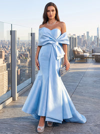 Mermaid/Trumpet Off Shoulder Satin Maxi Evening Dresses with Ruched Waist & Sweep Train