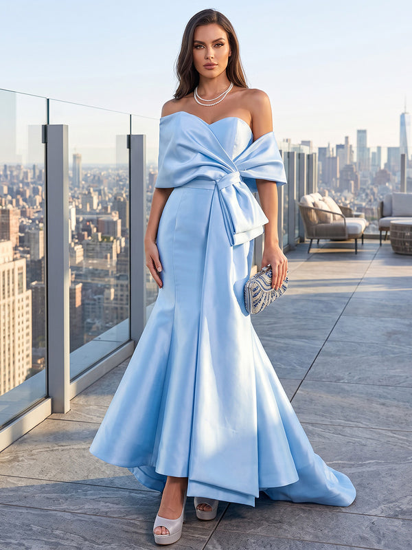 Mermaid/Trumpet Off Shoulder Satin Maxi Evening Dresses with Ruched Waist & Sweep Train