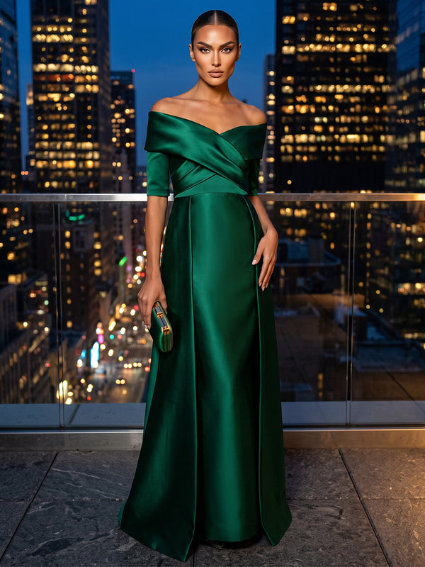 Sheath/Column Off Shoulder Satin Maxi Evening Dresses with Sweep Train