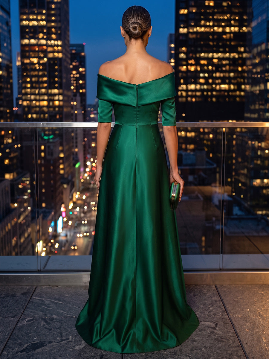 Sheath/Column Off Shoulder Satin Maxi Evening Dresses with Sweep Train