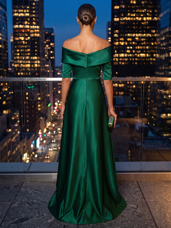 Sheath/Column Off Shoulder Satin Maxi Evening Dresses with Sweep Train