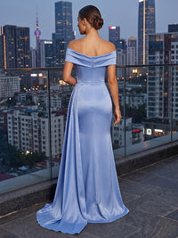 Sheath/Column Off Shoulder Satin Maxi Evening Dresses with 3D Flowers & Slit