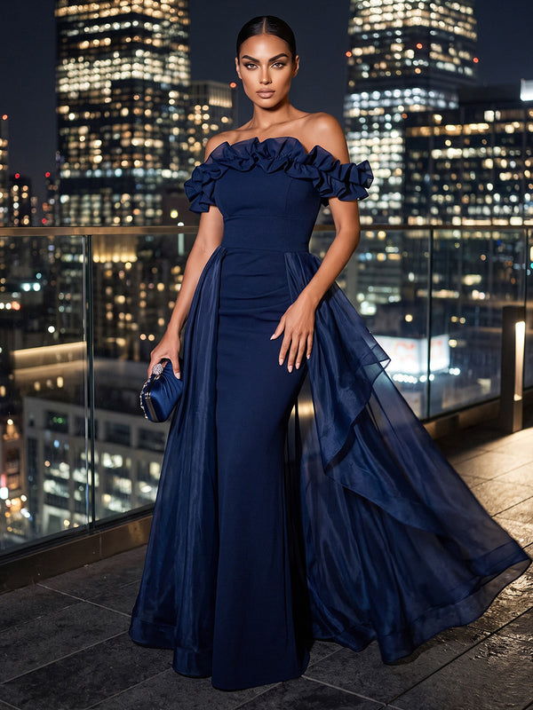 Sheath/Column Off Shoulder Stretch Jersey Maxi Evening Dresses with Ruffles