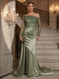 Sheath/Column Off Shoulder Satin Maxi Evening Dresses with Sequin Bodice & Ruched Waist