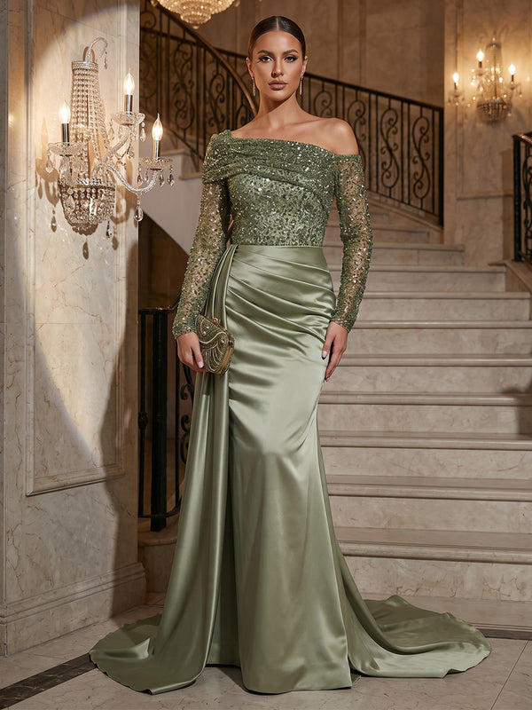 Sheath/Column Off Shoulder Satin Maxi Evening Dresses with Sequin Bodice & Ruched Waist