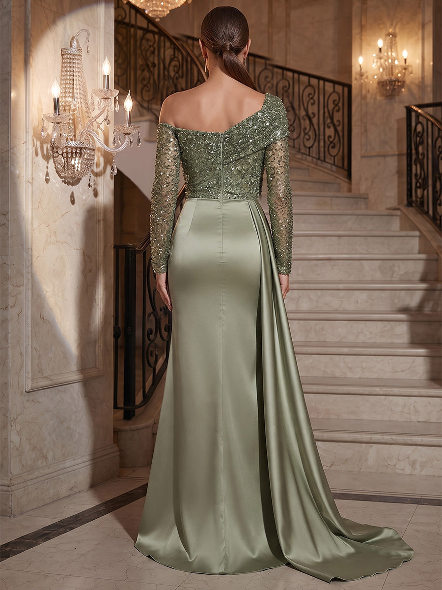 Sheath/Column Off Shoulder Satin Maxi Evening Dresses with Sequin Bodice & Ruched Waist