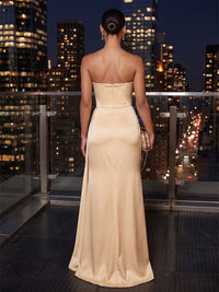 Sheath/Column Strapless Satin Maxi Evening Dresses with Ruffles & Slit