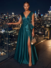 A-Line/Princess V-Neck Satin Maxi Evening Dresses with Pleats & Slit