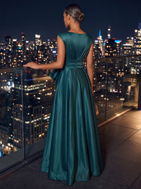 A-Line/Princess V-Neck Satin Maxi Evening Dresses with Pleats & Slit