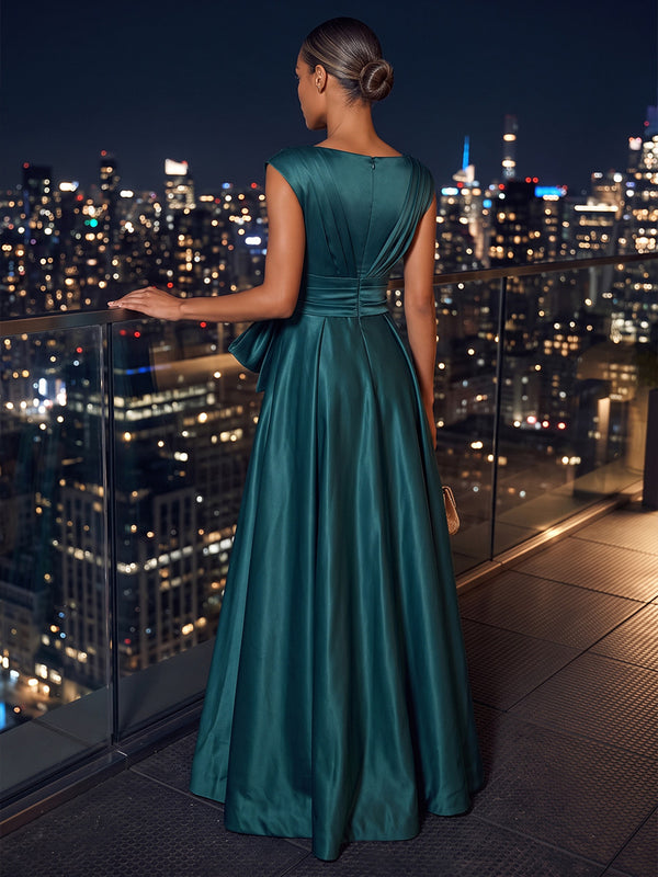 A-Line/Princess V-Neck Satin Maxi Evening Dresses with Pleats & Slit