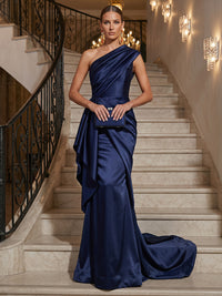 Mermaid/Trumpet One Shoulder Satin Maxi Evening Dresses with Ruffles & Sweep Train