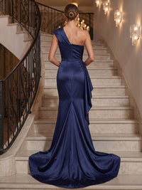 Mermaid/Trumpet One Shoulder Satin Maxi Evening Dresses with Ruffles & Sweep Train