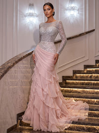 Mermaid/Trumpet Scoop Neck Sequin Maxi Evening Dresses with Tiered Layers & Ruffles