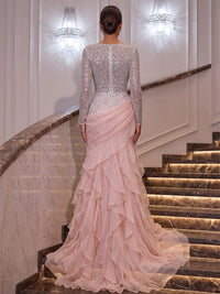 Mermaid/Trumpet Scoop Neck Sequin Maxi Evening Dresses with Tiered Layers & Ruffles