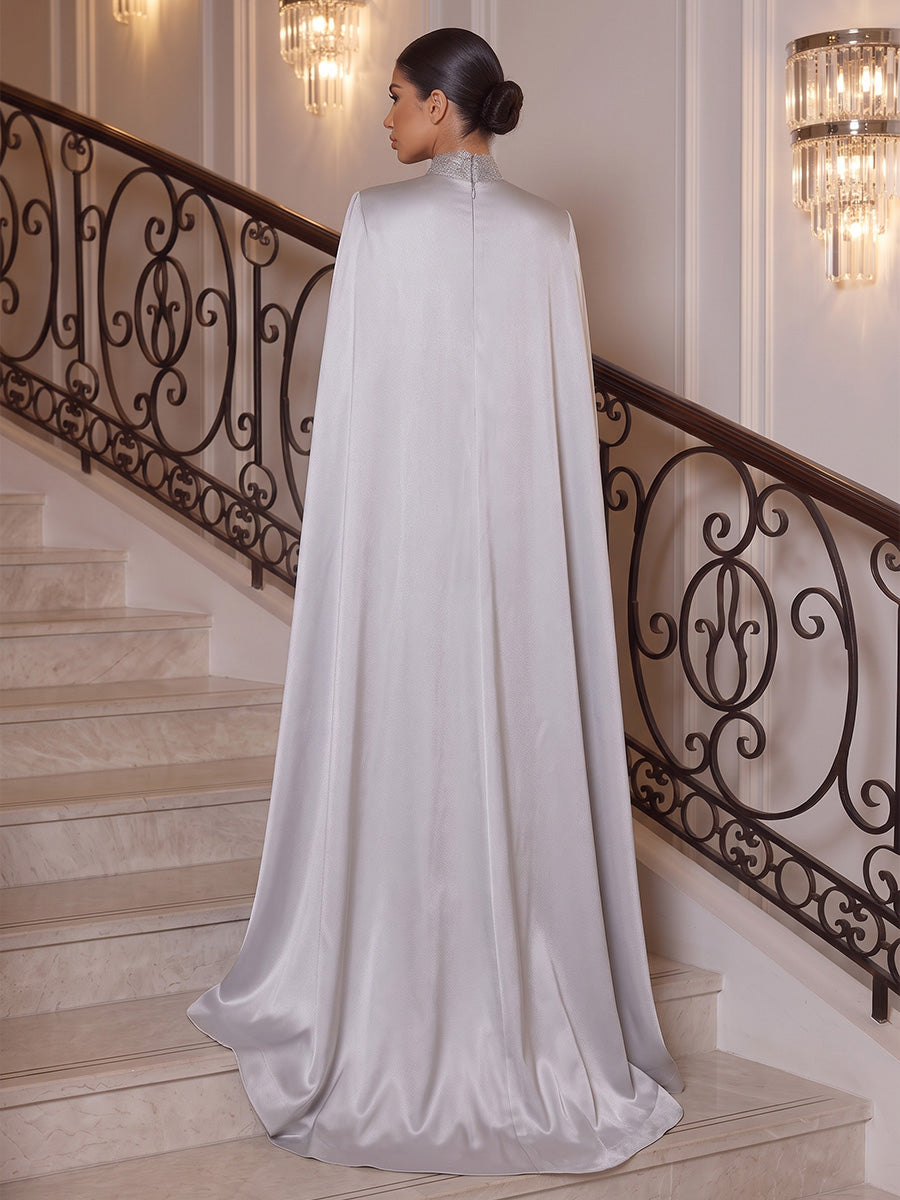 Sheath/Column High Neck Satin Maxi Evening Dresses with Cape