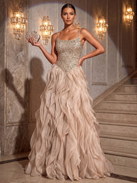 A-Line/Princess Spaghetti Straps Sequin Maxi Evening Dresses with Ruffles