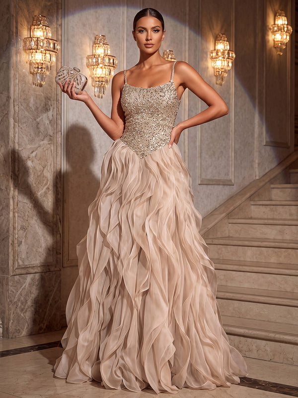 A-Line/Princess Spaghetti Straps Sequin Maxi Evening Dresses with Ruffles