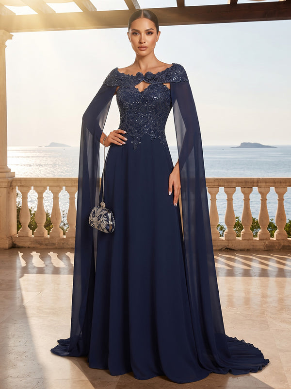A-Line/Princess Off Shoulder Chiffon Maxi Evening Dresses with Lace Appliques