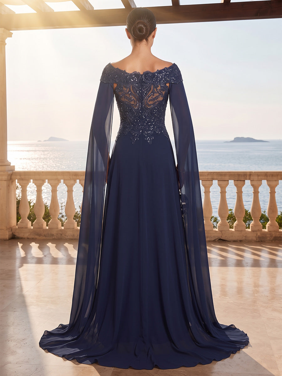 A-Line/Princess Off Shoulder Chiffon Maxi Evening Dresses with Lace Appliques